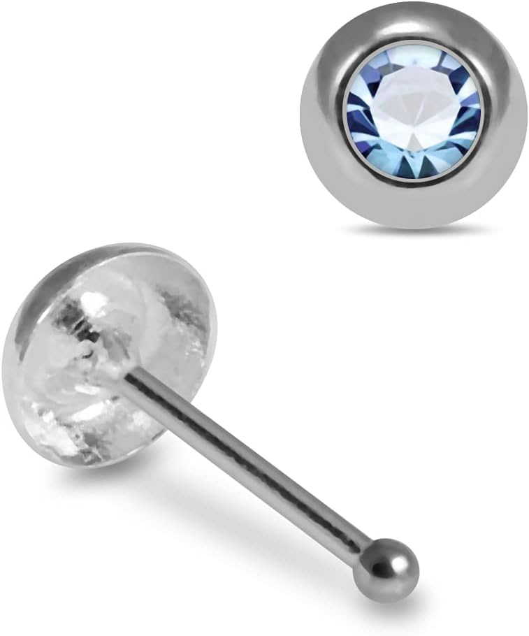 Bezel Set Crystal Stone 22 Gauge 925 Sterling Silver Ball End Nose Pin - Nose Stud - Tiny Nose Ring - Nose Piercing Body Jewelry