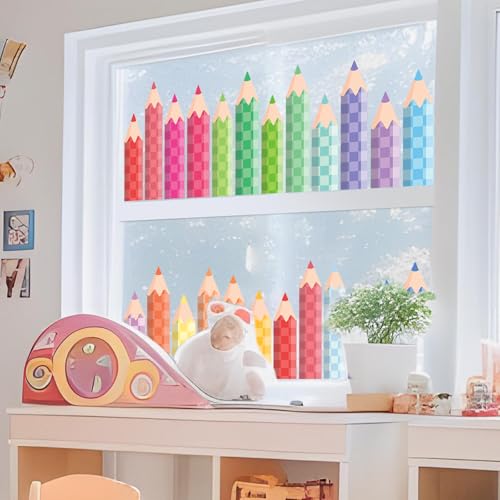 Image of Whaline 9 Sheets Pastel Checkerboard Pencil Window Clings Watercolor Pencil Window Decal Reusable Anti-Collision Windows Decor for Back to School Classroom Nursery Decor