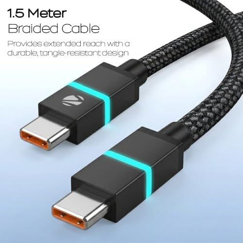 Image of ZEBRONICS Wattz 65CC3 Type-C to Type-C Cable, PD 65W, 3A Rapid Charging, Durable 1.5m Braided Cable, Blue Breathing LED, Charge & Sync, 480Mbps Data Transfer, Mobile /Tablet /Laptop Compatible (Black)