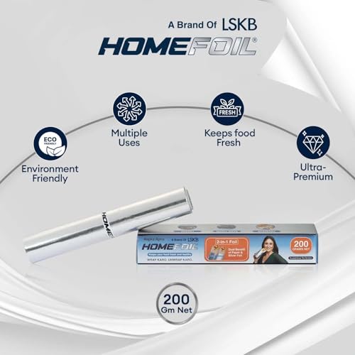 Image of HOMEFOIL 2-in-1 Paper & Silver Converted Aluminium Foil (200 Grams Net) for Food Packing | Keeps Food Fresh | Ideal for Food Wrapping, Packing, Storing and Serving | 13.22 Meter Net Guaranteed Length