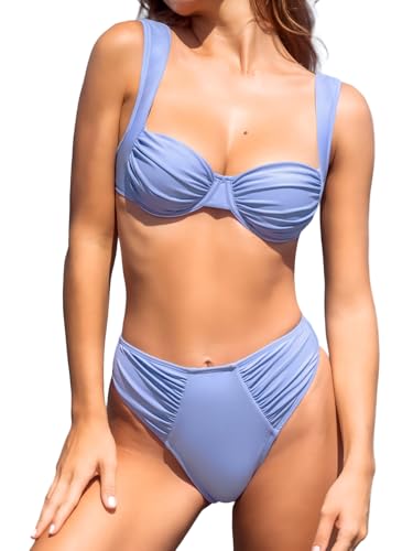 CUPSHE Women's Bikini Sets Sweetheart Neck Underwire Adjustable Wide Straps Bathing Suit High Rise Ruched
