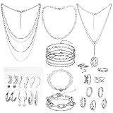 34 Pcs Silver Jewelry Set for Women Layered Bracelets Ball Dangle Hoop Earrings Stackable Knuckle Rings Set Dainty Adjustable Necklaces Valentine Anniversary Trendy Party Costume Accessories Jewelry