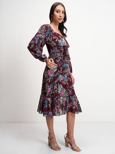 Image of Tokyo Talkies Women's Elegant Floral A-Line Dress | Long Puff Sleeves & Ruffle Hem for a Feminine Touch | Bow tie up