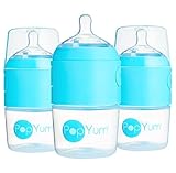 PopYum 5 oz Blue Anti-Colic Formula Making/Mixing/Dispenser Baby Bottles, 3-Pack with #1 Slow Flow Nipples, 150 ml, BPA-Free, Natural Latch