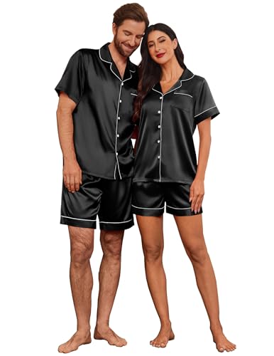 Image of Ekouaer Couple Matching Pajamas Sets Silk Short Sleeve Button Down Sleepwear Satin Pjs Shorts Set Soft Loungewear S-XXL