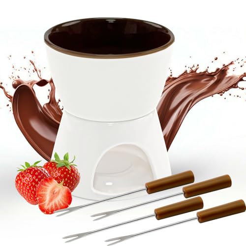 wokdsbl Service à Fondue au Chocolat, caquelon en céramique de 300 ML avec Bougie Chauffe-Plat et 4 fourchettes en Acier Inoxydable, idéal pour la Fondue au...