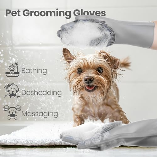 DELOMO Dog Washing Gloves with Comb: Soft and Gentle Silicone Pet Grooming Gloves - Bathing Scrubber Brush Mitt Grooming Shedding Fur Removal Massage for Dogs/Cats/Horse, Grey - Thumbnail 2