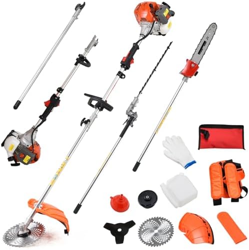 Gas Powered Hedge Trimmer 41.5cc Gas Weed Wacker 5 in 1 Weed Eater Gas Powered Multi Functional Garden Trimming Tools Gas Weed Eater Long Reach Pole Saw for Tree Trimming (one 41.5cc Engine)
