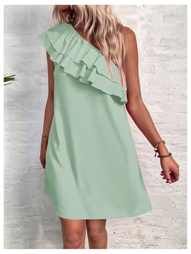 Floerns Women's One Shoulder Tiered Layered Sleeveless Ruffle Trim Tunic Dress4