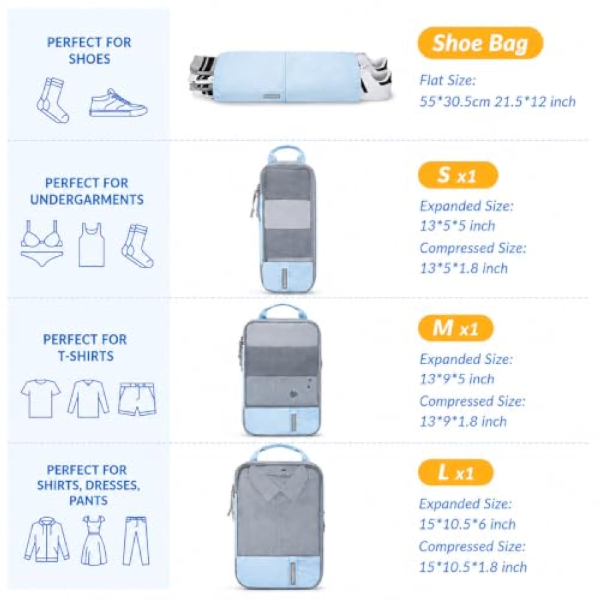 Compression Packing Cubes, 4 Set Travel Organizer