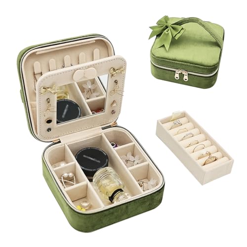 Cuifdem Jewelry Travel Case, Small Jewelry Box With Mirror, Velvet Travel Jewelry Boxes for Women, Necklace Ring Earring Organizer Box for Travel Vacation(Olive Green) - image 1