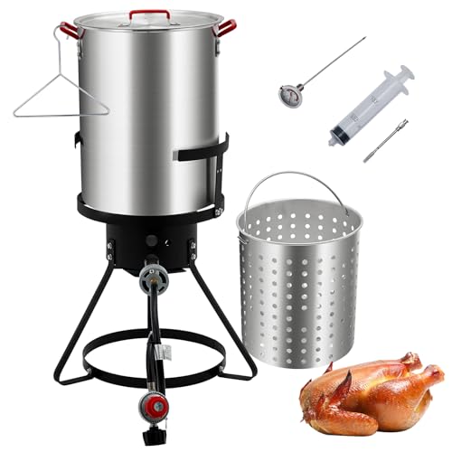 GarveeHome 30 Qt Turkey Fryer, Aluminum Seafood Boiler Steamer, Outdoor Deep Fryer with 0-5 PSI Regulator, Fish Fryer Pot with Propane Stove Burner Stand and Thermometer Kit for Frying Turkey