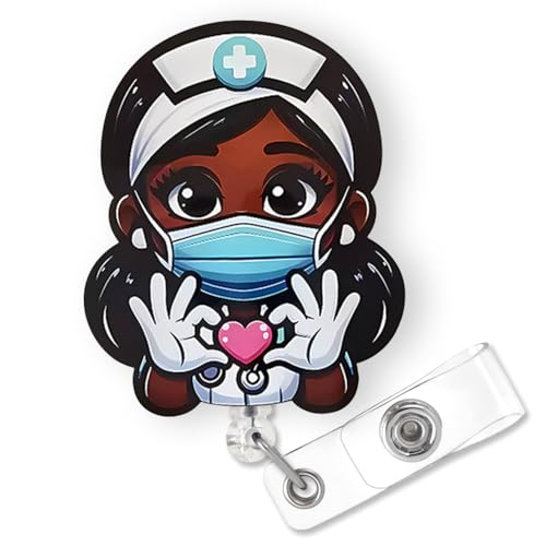Cute Black Girl Badge Reel Retractable for African American Nurse Nursing RN LPN & Medical Assistant | Funny Black Girl Nurse ID Badge Holder with Alligator Clip & 24” Durable Nylon Cord | Acrylic