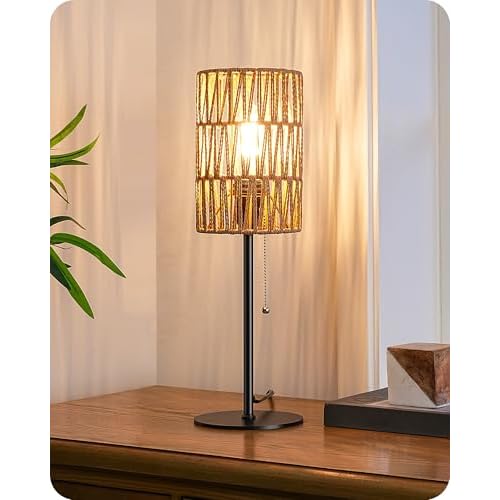 EDISHINE 19.1" Rattan Table Lamp, Tall Bedside Lamp with W-Knit Lampshade, Pull-Chain Switch & E26 Socket, Metal Base Boho Nightstand Lamp for Bedroom, Living Room, Office Bohemian