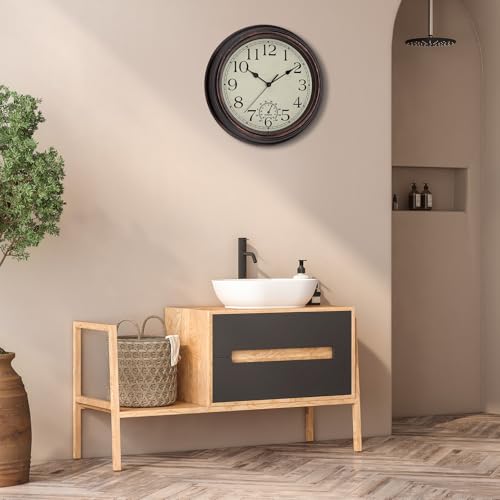 Image of Foxtop Indoor Outdoor Waterproof Wall Clock with Thermometer, 12 Inch Retro Silent Non-Ticking Battery Operated Quartz Round Outdoor Clocks for Patio Pool Bathroom Porch (Bronze)