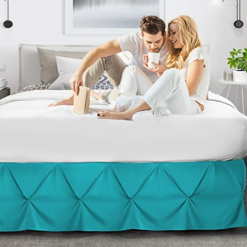 Image of Nestl Teal Bed Skirt Cal King Size, Pinch Pleat Cal King Bed Skirt, 14 inch Inch Drop Cal King Bedskirt, Hotel Quality Teal Bed Skirts, Microfiber Bedskirt for Cal King Bed, Teal Cal King Size Bed Skirt