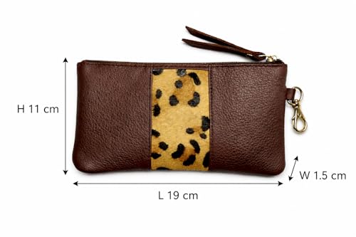 Image of Tee Ess Genuine Leather Multipurpose Pouch with Leopard Print Accent, Black, Handheld Wallet Organizer for Phone, Cards, Cash, Coins (Brown Leopard)