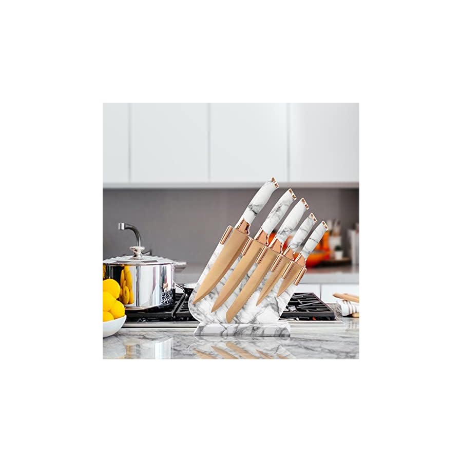 Knife-Set-Non-Stick-Champagne-Gold-Knives-Set-with-Acrylic-Storage-Block-6-Pieces-Sharp-Knife-Set-Stainless-Steel-Beautiful-White-Marbling-Handle-Rainbow-Blade-Kitchen-Knife-Champagne-Gold-Blade Knife Set Non Stick, Champagne Gold Knives Set with Acrylic Storage Block, 6 Pieces Sharp Knife Set, Stainless Steel Beautiful White Marbling Handle Rainbow Blade Kitchen Knife (Champagne Gold Blade)