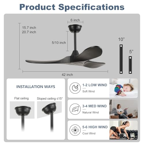 Image of 42'' Ceiling Fan no Light,Outdoor Ceiling Fan with Remote Control,3 Solid Wood Blades with Large Airflow for Bedroom,Living Room,Garage(black)