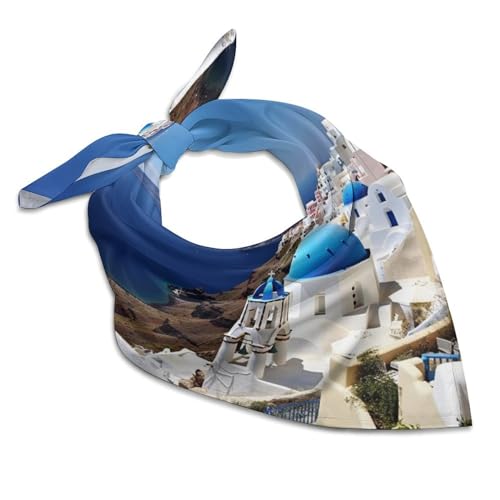 Santorini Greek Island Sea View 18 Inches Satin Head Scarf Lightweight Silk Hair Scarves Soft Silk Head Scarf for Women Large Satin Bandanas Square Headscarf Fashion Headband Neckerchief Neck Scarves