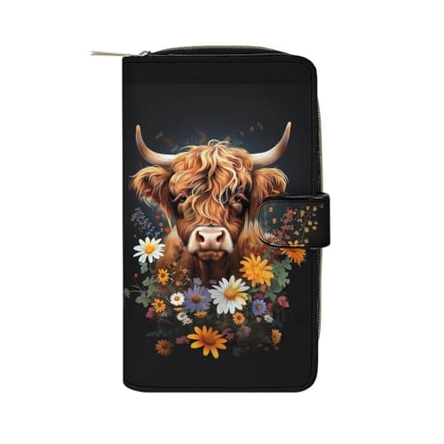 Flowers Highland Cow Leather Wallets,Long Wallet Purse,Slim Thin Leather Bifold Card Holder Wallet,Adjustable Buckle,Multi Cards Case,Large Capacity - Main Image