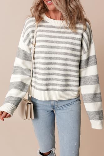 Women's Gray Stripe Drop Shoulder Crew Neck Sweater4