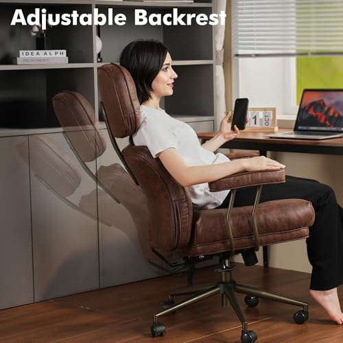 Image of High Back Executive Office Chair with Comfortable Deep Seat,Brown Mid Century Modern Office Chairs,Ergonomic Big and Tall Computer Desk Chair with Lumbar Support(Dark Brown Suede)