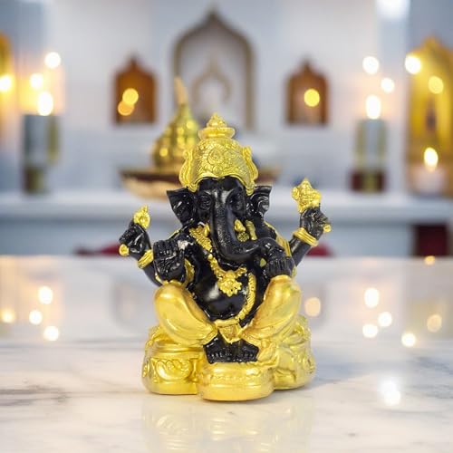 Divine Lord Ganesha Idol Dashboard Showpiece | 5-Inch Auspicious Statue for Car, Home Temple, Living Room Decor | Black & Gold (Black-Gold) — photo — 2 of 9