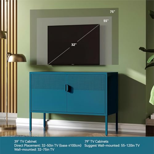 Image of COFaR TV Stand for TVs up to 75 Inch, 40 Inch Media Console with Ventilation Doors, Metal Entertainment Center with Adjustable Shelves & 120Lbs Storage for Living Room & Bedroom, Peacock Blue