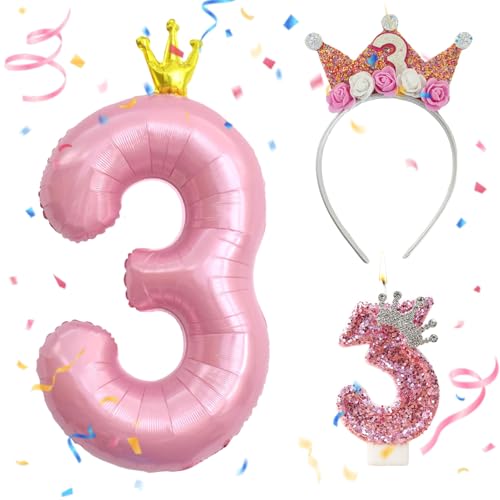 Globo Número 3 Rosa,Velas Cumpleaños Números 3,Corona Cumpleaños 3 años