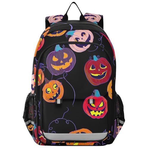 Mochila negra de calabazas de Halloween infantil con correa pectoral antirrecostadas de 17"