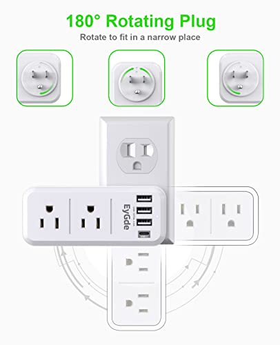 EyGde Extensión de Tomas Múltiples Protector Contra Sobretensiones 1700J con Enchufe Giratorio y 4 Puertos USB (1 USB C), Divisor de Tomas Giratorio de 3 Lados con 6 Tomas Espaciadas para Oficina y Hogar miniatura 2