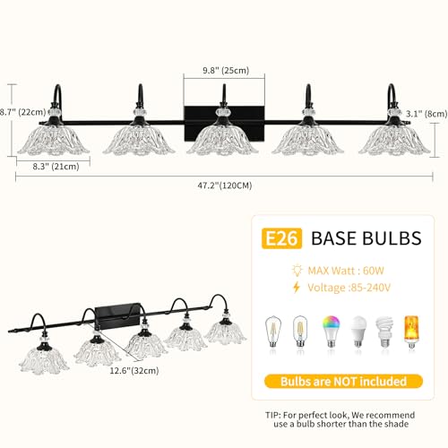 Image of Black Bathroom Vanity Light, 5-Light Vanity Light with Crystal Glass Shades, Vintage Farmhouse Vanity Lighting for Bathroom and Dressing Table