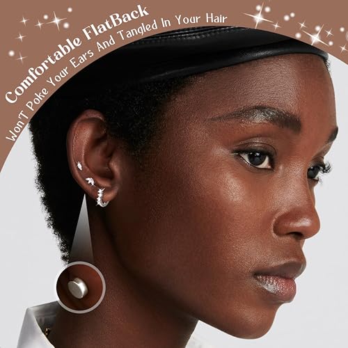 Sterling Silver Flat Back Earrings for Women Trendy Small Hoop Huggie Earrings CZ Cartilage Stud Earrings Set White Gold Plated Tragus Helix Earrings Piercing Jewelrys2