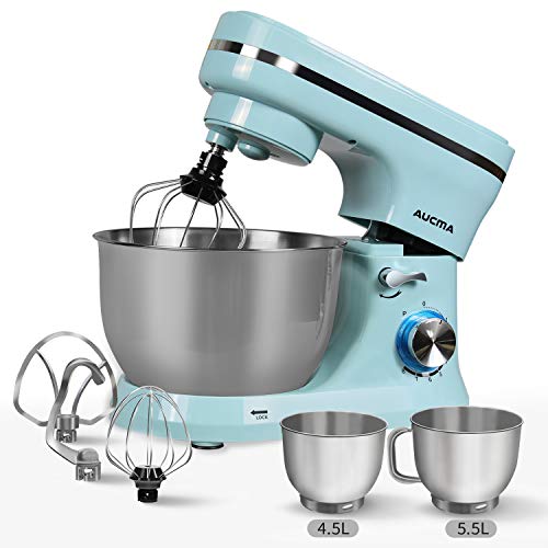 Robot Pâtissier,AUCMA Robot de cuisine, Mélangeur, Pétrin, Bol en Acier Inoxydable de 5,5L et 4,5L, (Fouet à Fils, Batteur, Crochet,Vitesse réglable à 8 niveaux,1300W [Classe énergétique A+++]
