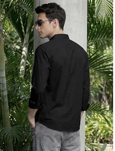 Image of IndoPrimo Men's Cotton Shirt with Stylish Flap Pockets Full Sleeves Spread Collared Neck Solid Pattern Western Style Classic Fit and Standard Length