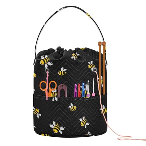 Image of Fustylead Bee Large Yarn Storage Tote Basket, Knitting Crochet Drawstring Organizer Bag for Crocheting Project, Yarn Balls, Needles Accessories