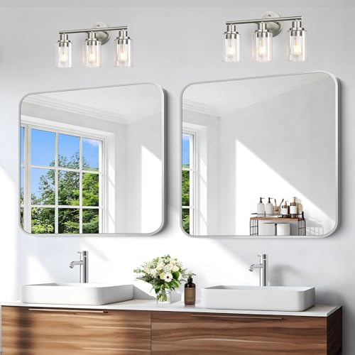 Image of Silver Bathroom Mirror, 36 x 36 Inch Square Mirrors for Wall, Aluminum Metal Framed Vanity Mirror, Rounded Corner Wall Mounted Mirror for Over Sinks Living Room Bedroom Entryway