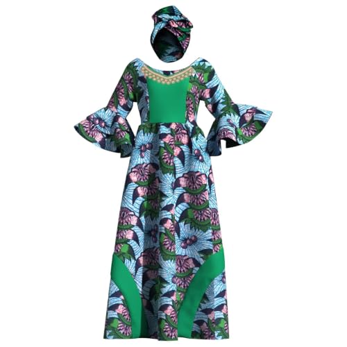 Image of iooiooi Womens African Print Party Maxi Dress Ankara Long Dress & Headwrap | Ankara Print Maxi Dress for Women,Flared Bell Sleeve Party Gown