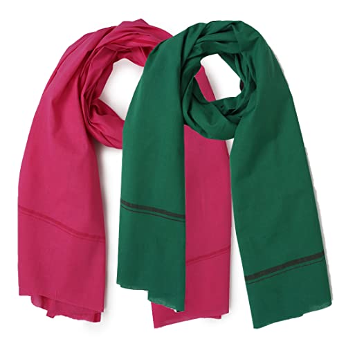 Image of Cotton Skin Friendly Summer Shrink Proof Pure Cotton Bath Towel Gamcha Soft 100% Handloom Dual Tone Dark Green Pink Absorbent Travel Cloth Men Boys Daily Use Pack of 2