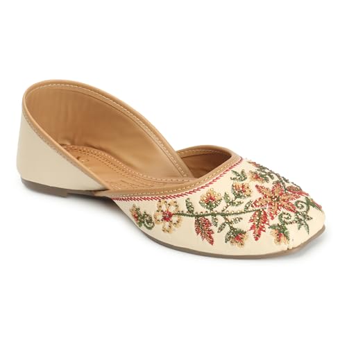 XE Looks Women's Cream Embroidered Flats | Traditional Punjabi Juttis with Intricate Floral Design | Cushioned Footbed for Comfort | Stylish & Lightweight Punjabi Juttis for Girls & Women