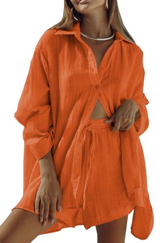 Image of Fixmatti Women 2 Piece Outfits Long Sleeve Button Down Blouse and Shorts Sweatsuit Sets