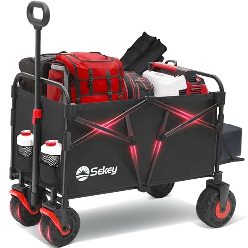 Sekey Bollerwagen Faltbar XXL 200KG 155L, Breite Blasformräder Speziell als Faltbarer Bollerwagen Strand, Strandwagen Klappbar mit Heckklappe, Diamant 2001, Schwarz