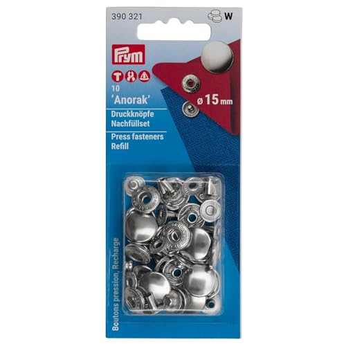 Prym 390321 Nachfüllp. für 390301 Nähfrei-Druckknopf Anorak Messing 15 mm silberfarbig, Metal