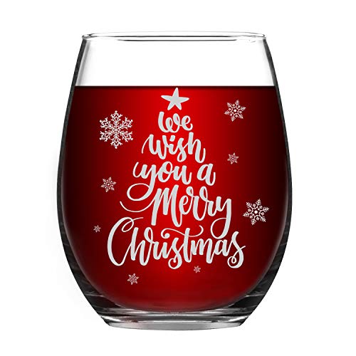 Christmas Stemless Wine Glasses, We Wish You a Merry Christmas Wine Glass Xmas for Women Sisters Good Friends Girlfriend, 15 Oz Christmas Wine Glass