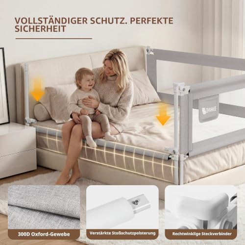 ZEHNHASE Baby Bettgitter Rausfallschutz Bett 1 Seite (200cm, Grau) – Ansicht 2