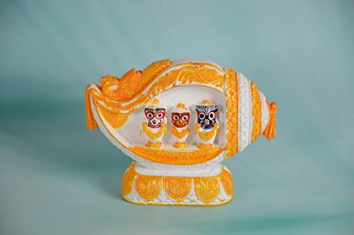 Image of Jagannath Balaram Subhadra by for Car Dashboard Idols for Gift Home Decor Idols for Pooja (13 cm White & Orange Shankh Design Jagannath Balaram Subhadra Idol Statue)