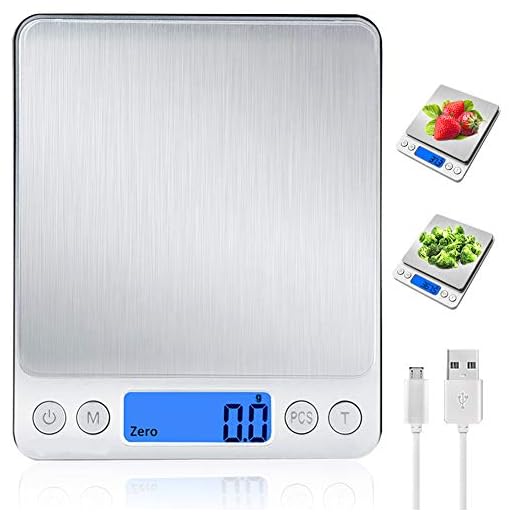 Báscula Digital para Cocina con Carga USB,Balanza de Alimentos Multifuncional Alta Precisión(3 kg-0.1g/0.01oz)Peso de cocina Electrónica con LCD Retroiluminación, Plata