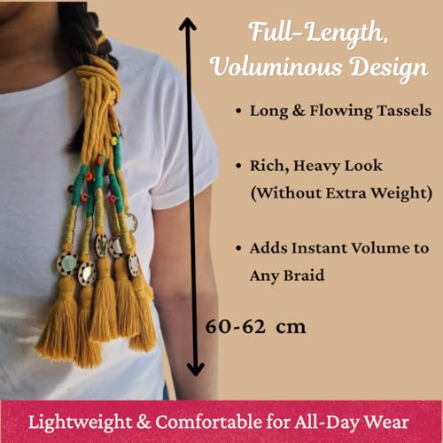 Image of Zippy Flora Handmade Boho Parandi / Paranda Traditional Hair Accessory for Women & Girls | Ethnic Braided Hair Tassels, Choti Hair Extension, Decorative Braid Jewelry for Festive & Wedding Hairstyles (Neelima Mustard)