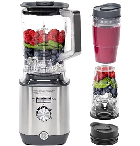 GE 5-Speed Blender + (2) 16 Ounce Blender Cups | Kitchen Essentials for Shakes, Smoothies & More | Large 64 oz Tritan Jar, 8-10 Servings | Stainless Steel Blades & Exterior Finish| 1000 Watts